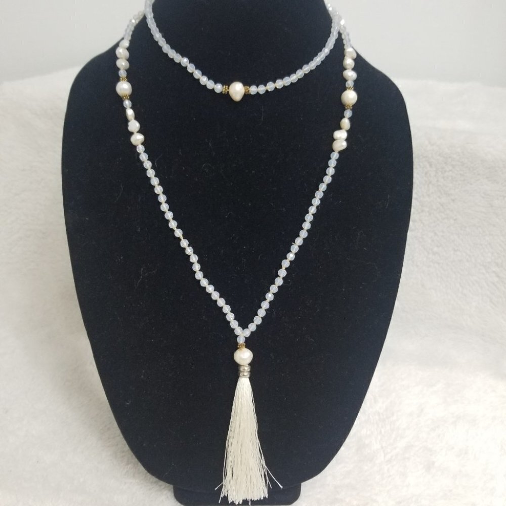 Moonstone and pearl tassel necklace